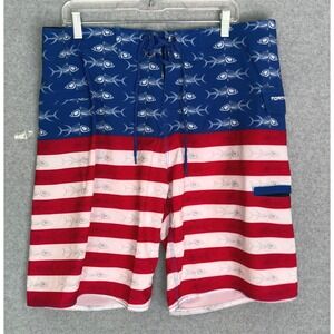 NEW! Tormenter Board Shorts Mens 36 Blue American Flag Fish Skeleton SPF-35 NWT
